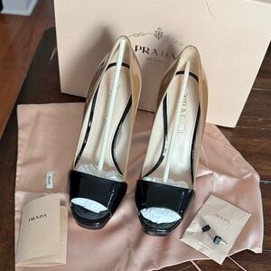 Prada Black and Cream Peep-Toe Heels
